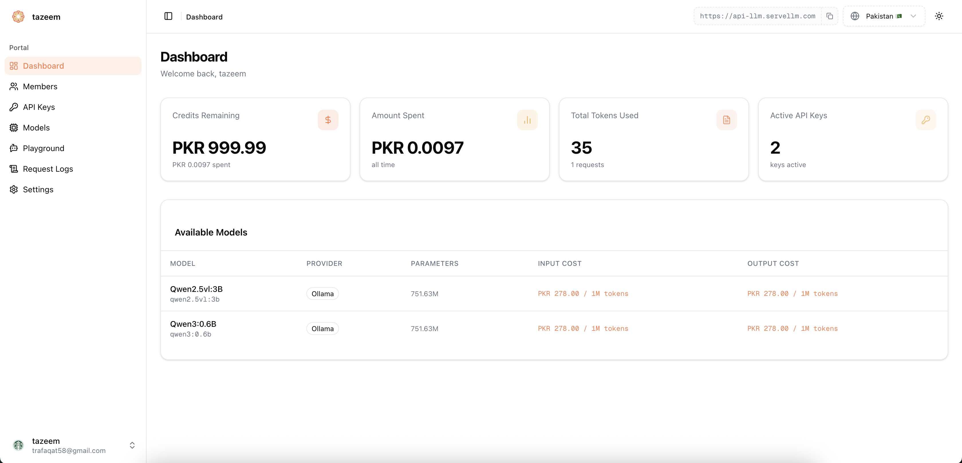 ServeLLM dashboard mockup showing available models, API keys, and billing
